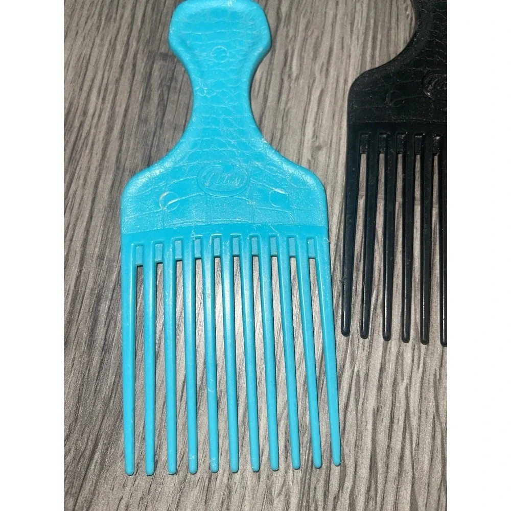Vintage Goody USA Hair Picks/Lift Combs Textured Plastic Black Cream & Turquoise